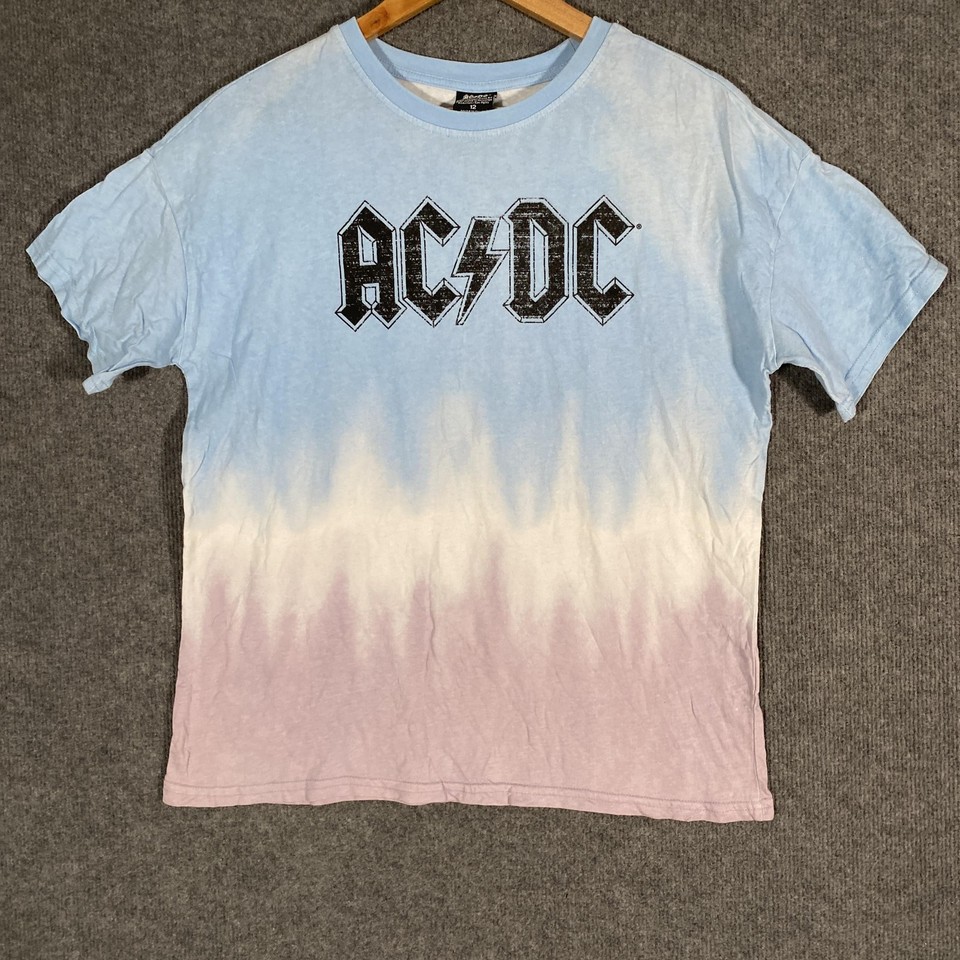 AC/DC Shirt Womens 12 Pink Blue Logo Band T Shirt Dip Dye Summer Casual Rock