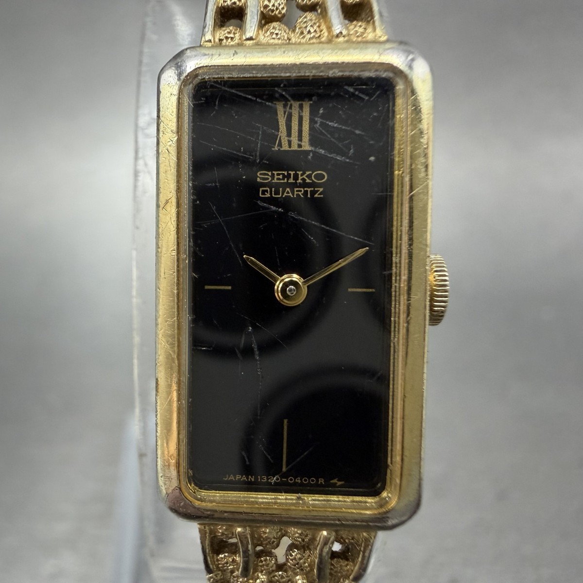 Seiko Tank Watch Women 13mm Black Dial Gold Tone Rectangle 1320