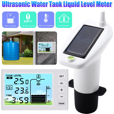 Solar Powered Water Level Gauge W/ Temperature Sensor Time Display Ultrasonic
