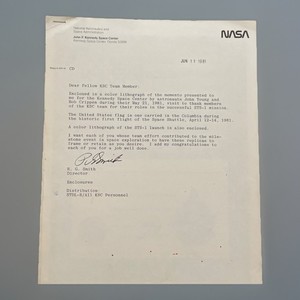 1981 NASA KSC STS-1 First Shuttle Flight Employee Memento Lithograph + Letter