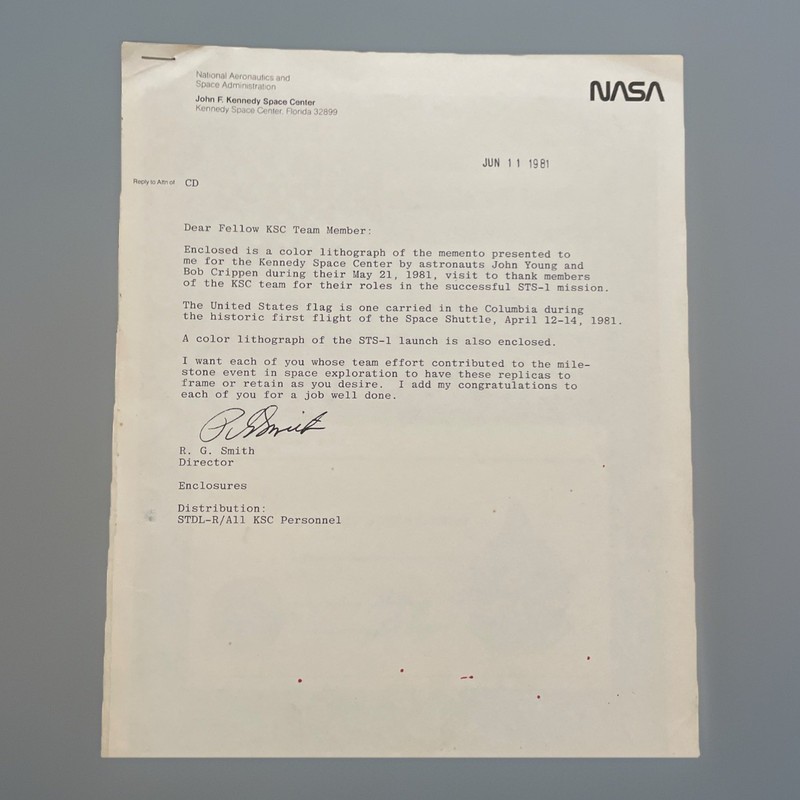 1981 NASA KSC STS-1 First Shuttle Flight Employee Memento Lithograph + Letter