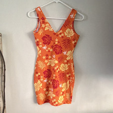 Wild Fable Tropical Floral Bodycon Mini Dress Size M Orange V-Neck