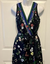 Ann Taylor Navy Blue Floral Sz 0 XS Belted V Neck Midi Wrap Dress Women’s