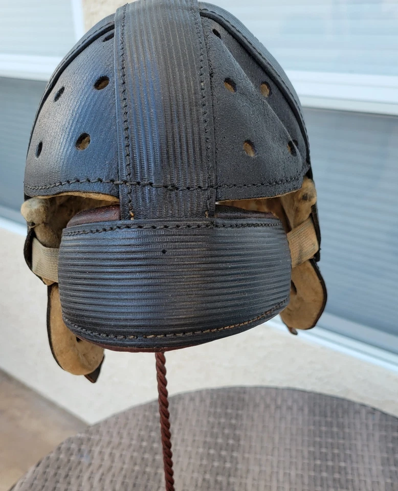 1915-1920's Leather Football Helmet Black Vintage Antique Full Size - Image 3 of 4