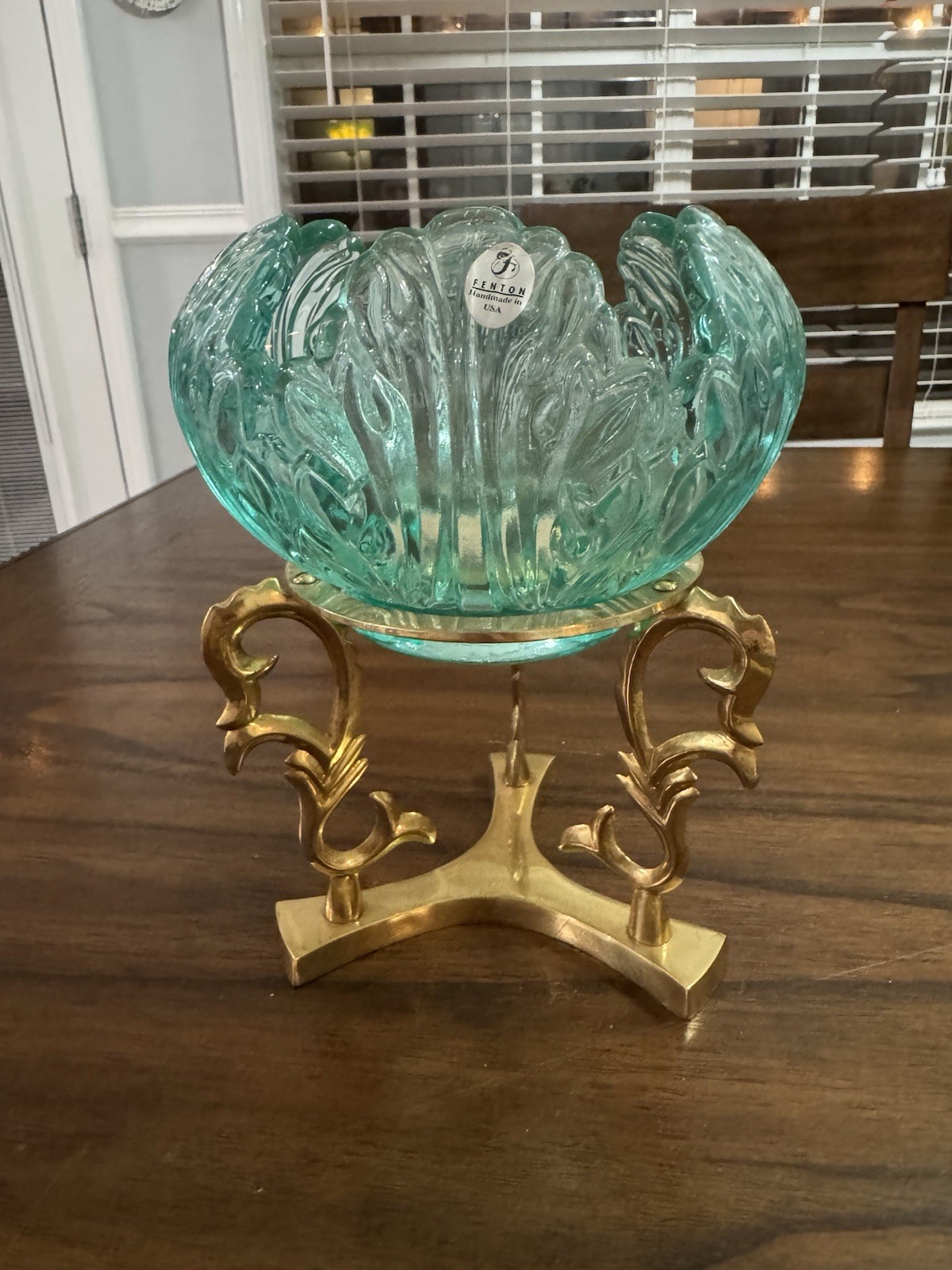 Gorgeous Fenton Lotus Candle Bowl Emerald Turquoise With Brass Stand EUC