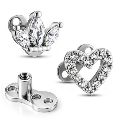 2Pcs 14G Cubic Zirconia Dermal Anchor Tops and Base 316L Surgical Steel Heart...