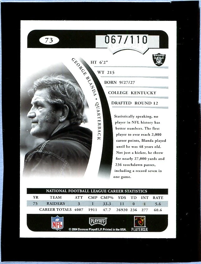 George Blanda 2004 Playoff Autograph Prime Signatures /110 - Image 2 of 2