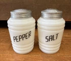 Vtg Hazel Atlas Milk Glass Beehive Salt & Pepper Shakers w/Black Lettering