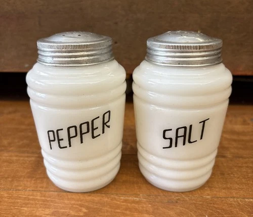 Vtg Hazel Atlas Milk Glass Beehive Salt & Pepper Shakers w/Black Lettering