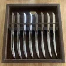Vintage Steak Knives SALADMASTER Cutlery in Wooden Wall Open Case Set of 8