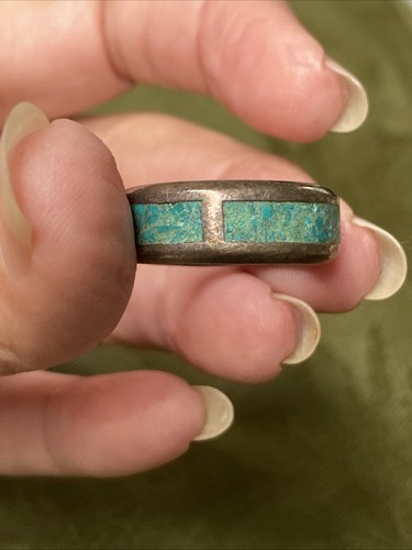 Vtg Taxco Sterling Silver and Inlaid Turquoise Band Ring 9.5
