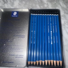 12pc STAEDTLER Mars Lumograph Sketching Drawing Graphite Pencils in Metal Case