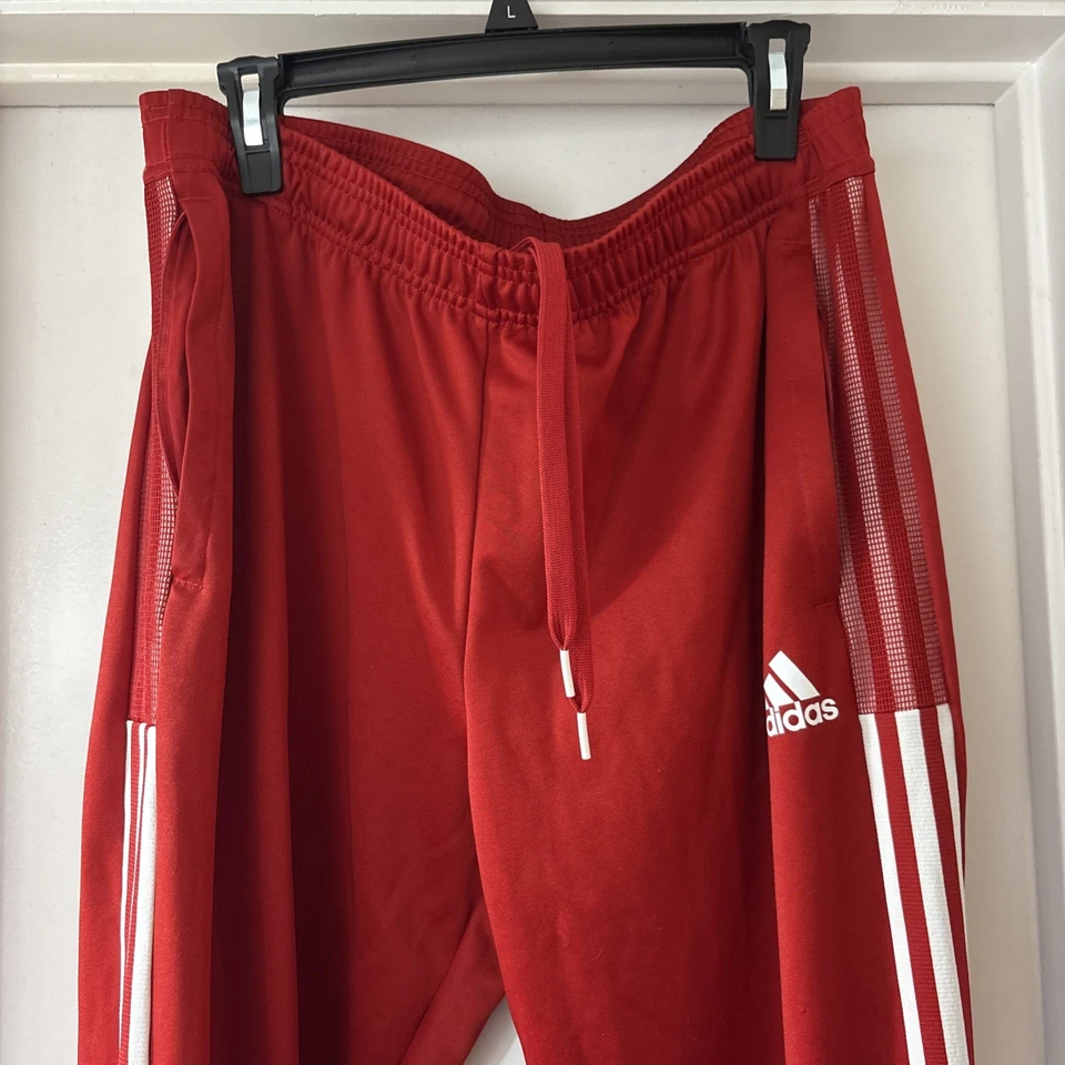 Adidas Track Pants Men's Red 3 Striped Regular Fit Tapered Leg XL sporty  - Image 3 of 4