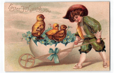 Early 1900's Easter postcard, Child With Chicks Egg Wagon of Flowers