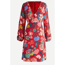 J. Crew Retro-Vibe Floral V-Neck Long Sleeve Red & Blue Mini Dress Size 8