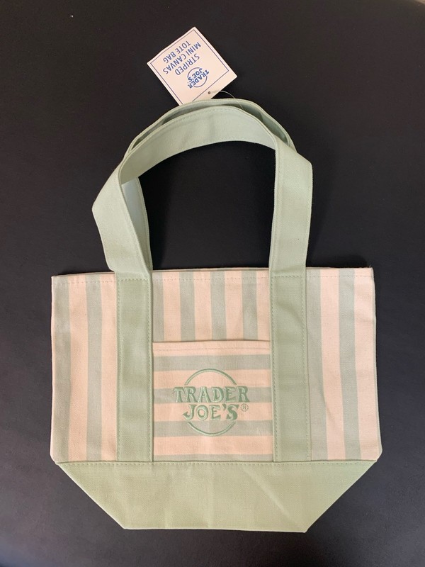 Trader Joe's Sage Green Cute Striped Mini Canvas Reusable Tote Bag