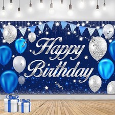 Happy Birthday Banner - Blue Silver Party Decoration for All Ages
