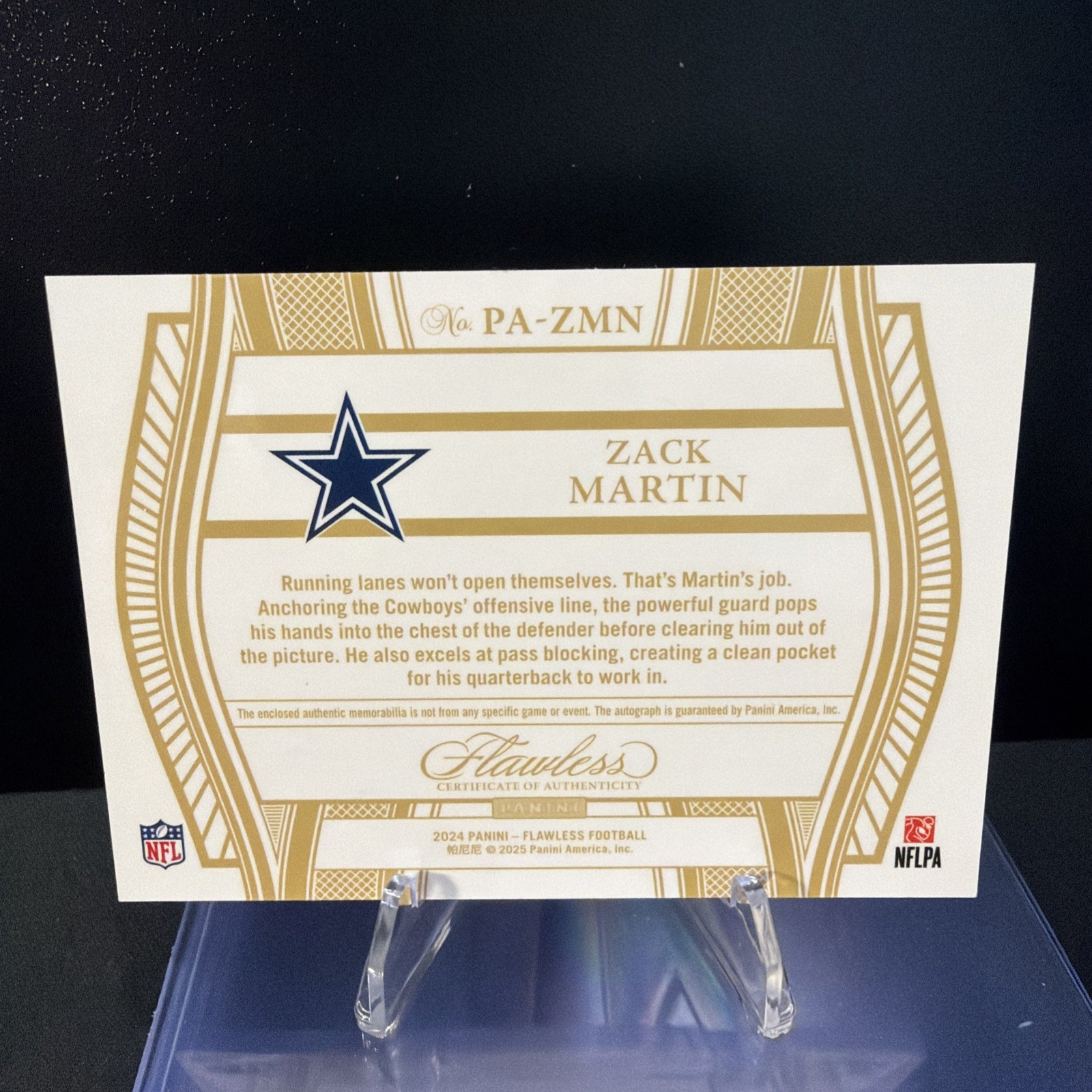 Panini Flawless 2024 Zack Martin Cowboys Patch Auto Silver #PA-ZMN /20 view 2