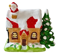 Ceramic Christmas House W/ Santa In The Chimney-Lights Up W/ Tea Light Candle