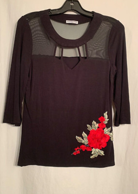 WOMENS SMALL CHA CHA VENTE LONG SLEEVE EMBROIDERED RED FLWR KEY HOLE FRNT BLOUSE