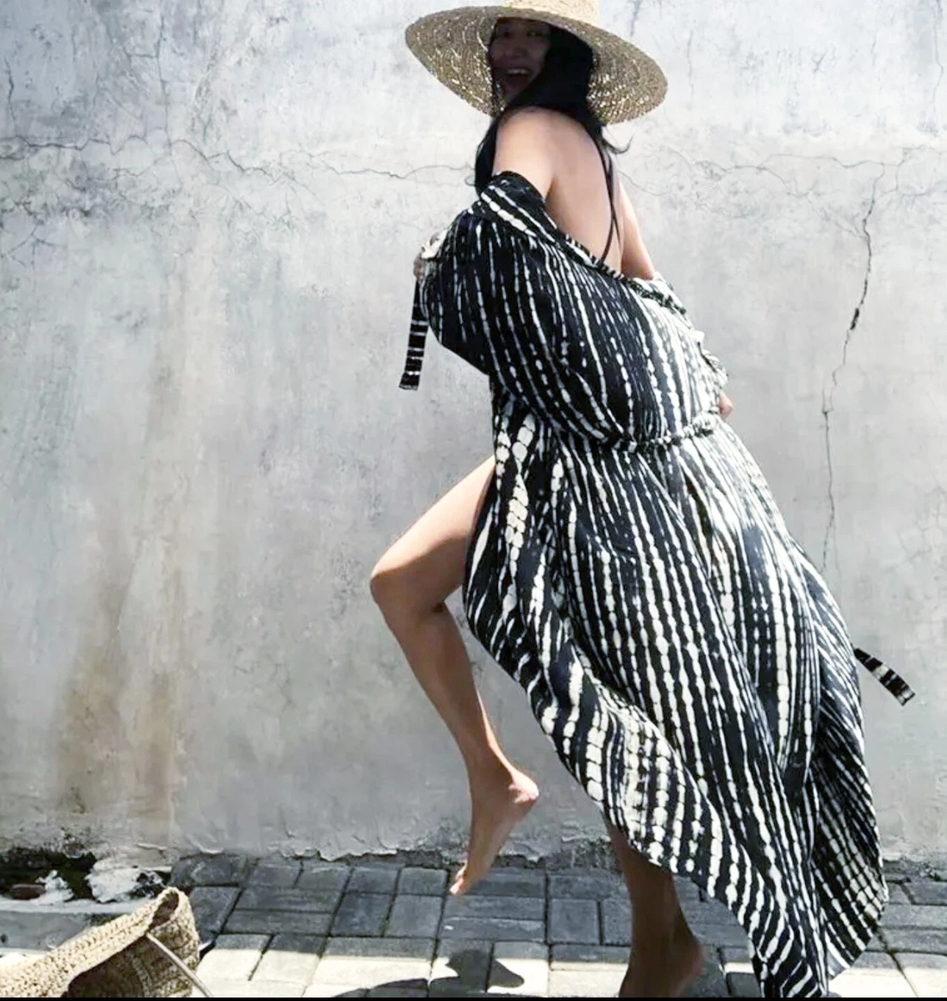 Black White Boho Ethnic Holiday Beach Coverup Kimono Loose Kaftan Jacket 10 12