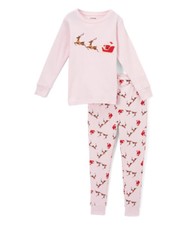  28.50 Pink Santa  Red Sleigh Reindeer Christmas PJ Pajamas Infant Girl's 2 pc