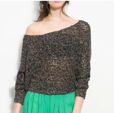 Free People Sz S Slouchy Open Knit Cropped Sweater Dolman Sleeve Linen Blend