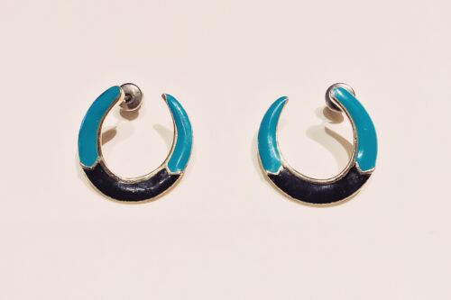 VINTAGE JEWELRY - 1970s Turquoise Navy Blue on Gold Horseshoe Curve Earrings - Bild 1 von 3