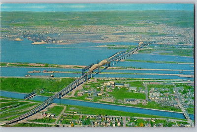 C1950 Soo Locks Aerial View Bridge Power Canal Sault Ste Marie MI Postcard