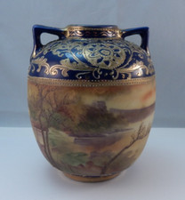 Vintage Hand Painted Nippon Landscape Vase Blue and Gold Trim 5