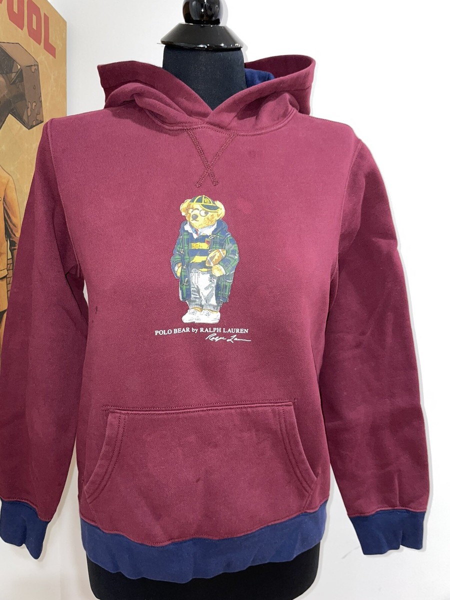 Ralph Lauren Burgundy Navy Varsity Football Sweatshirt Polo Bear Hoodie  Kids Lg | eBay