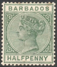 BARBADOS-1882-86 ½d Green Sg 90 MOUNTED MINT V46727
