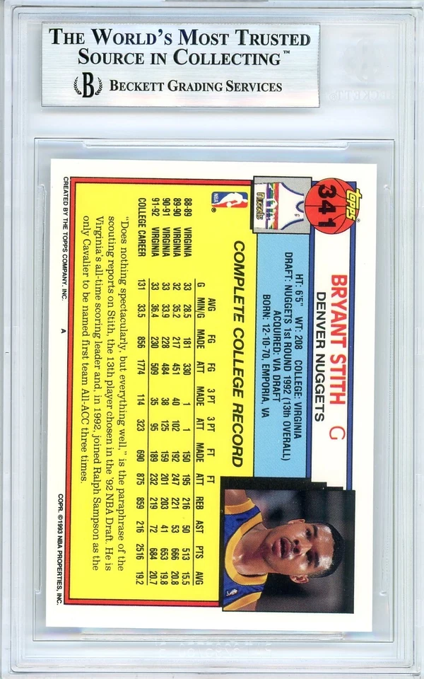 Tarjeta de novato Topps Gisto #341 POP 1: Bryant Stith RC BGS 8,5+: 1992-93 Foto 2 de 3