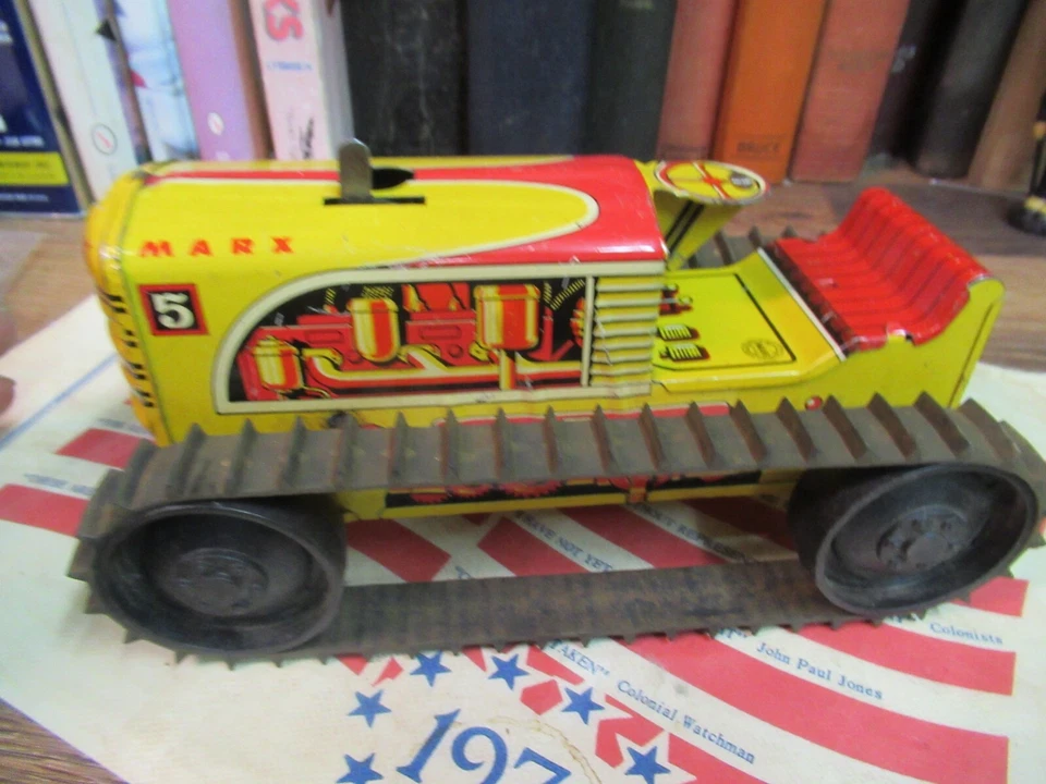 "TRACTOR DE ESCALADA MARX #5 litografía de hojalata de cuerda rojo/amarillo de la década de 1950 funcionando 8"" x 4,5""" Foto 3 de 4