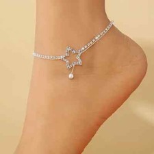 Women Bling Star Chain Anklet Inlaid Shiny Silver Plated Cubic Zirconia Jewelry