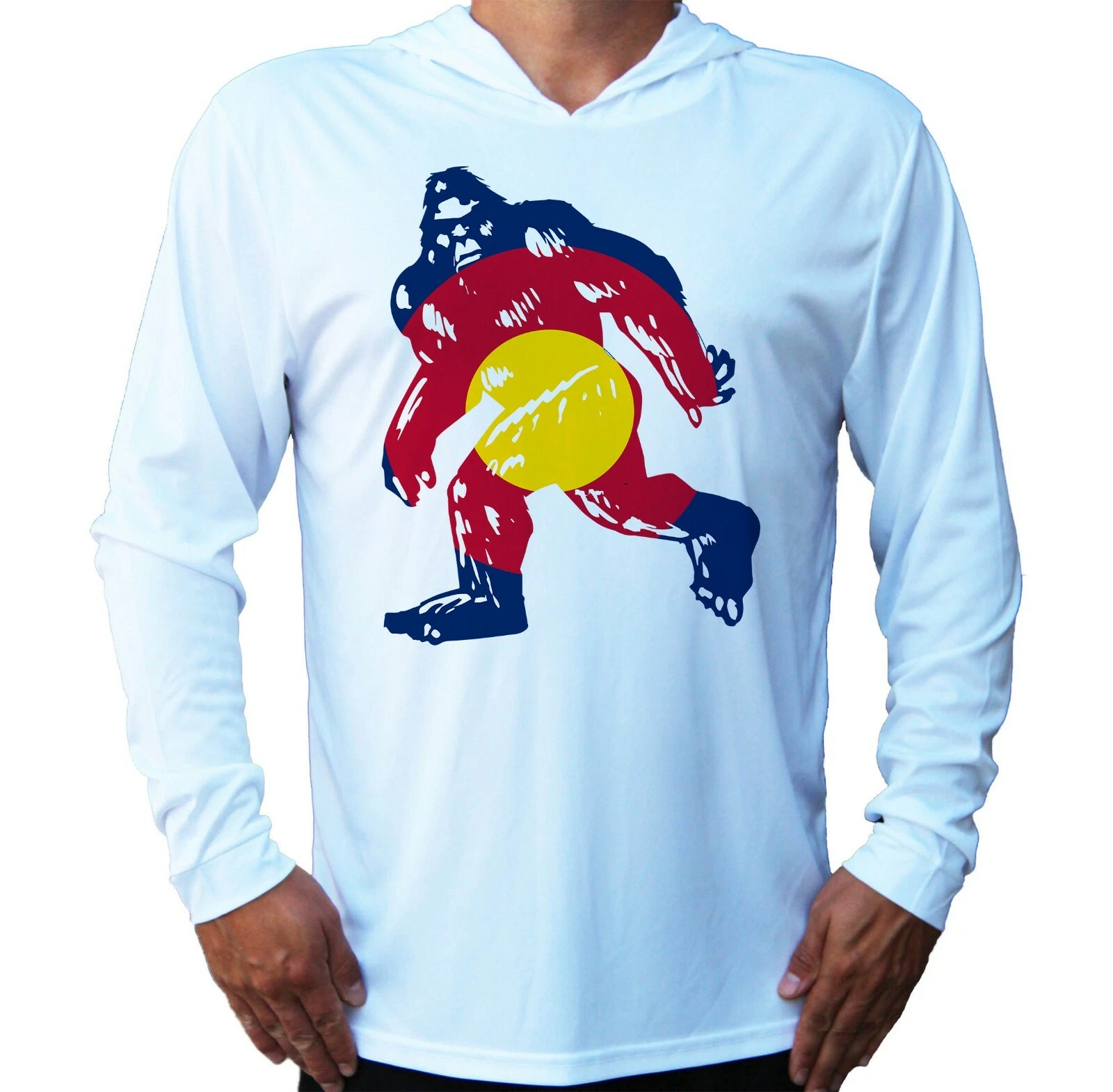 Colorado Flag Bigfoot UV Protected UPF 50 Long Sleeve T-Shirt Hood Fishing