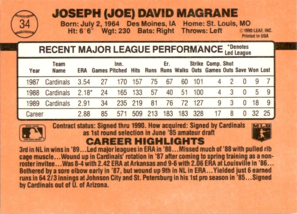 1990 Donruss Learning Series #34 Joe Magrane St. Louis Cardinals - Image 2 of 2