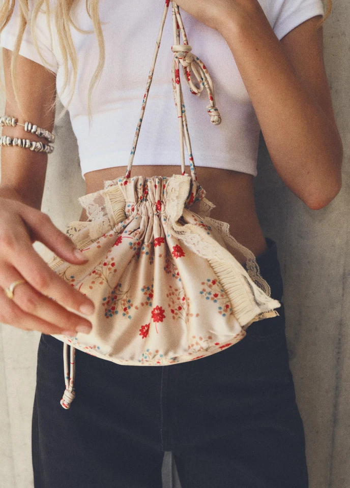 Zara Floral Satin Effect with Lace Mini Bucket Bag Bloggers Fave Wedding Holiday - Image 2 of 4