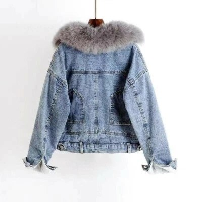 Damen Kunstpelz Jeansjacke Mantel Top mit Kapuze Bomber Warm Übergröße - Bild 1 von 4
