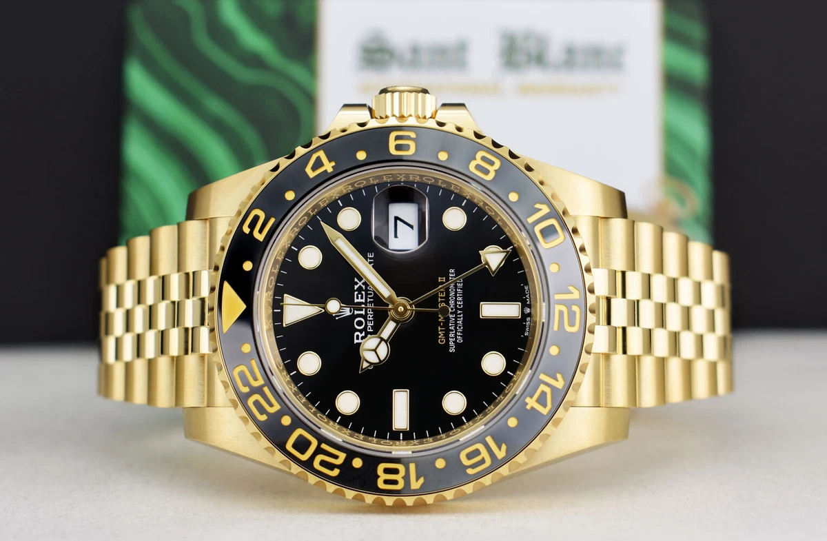 ROLEX 18kt Gold GMT Master II Black Gray Bezel 2023 CARD 126718 GRNR SANT BLANC