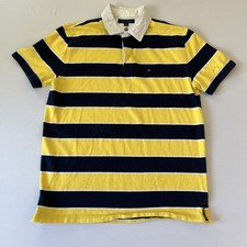 Tommy Hilfiger Large Men s Blue And Yellow Stripe Polo Shirt Collar Spellout
