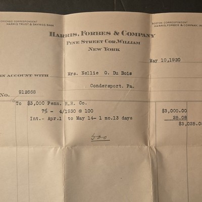 May 10, 1920 Harris, Forbes & Co. New York Statement Mrs. Nellie O. Du Bois