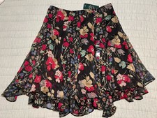 NWT Ralph Lauren Georgette Floral-Print Handkerchief Ruffled Skirt, Black, Sz 12