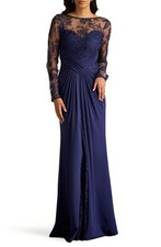 Tadashi Shoji Floral Embroidery Long Sleeve Mixed Media Gown-Size 8 LK 1173 A