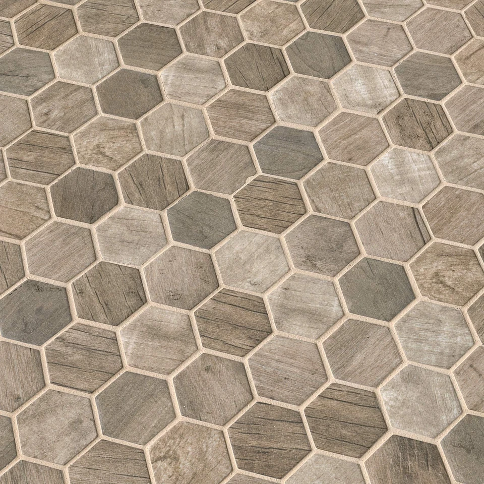 Azulejo de vidrio hexagonal de madera a la deriva para salpicadero de cocina, azulejo de pared para baño,... Foto 2 de 4