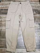 ZARA Women  s Beige Solid Cargo Pants Twill Flat Front Pockets Elastic Waist M
