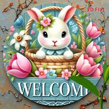 Tulip Flower Metal Sign Welcome Cute Bunny Rustic Home Wall Art Decoration Gift