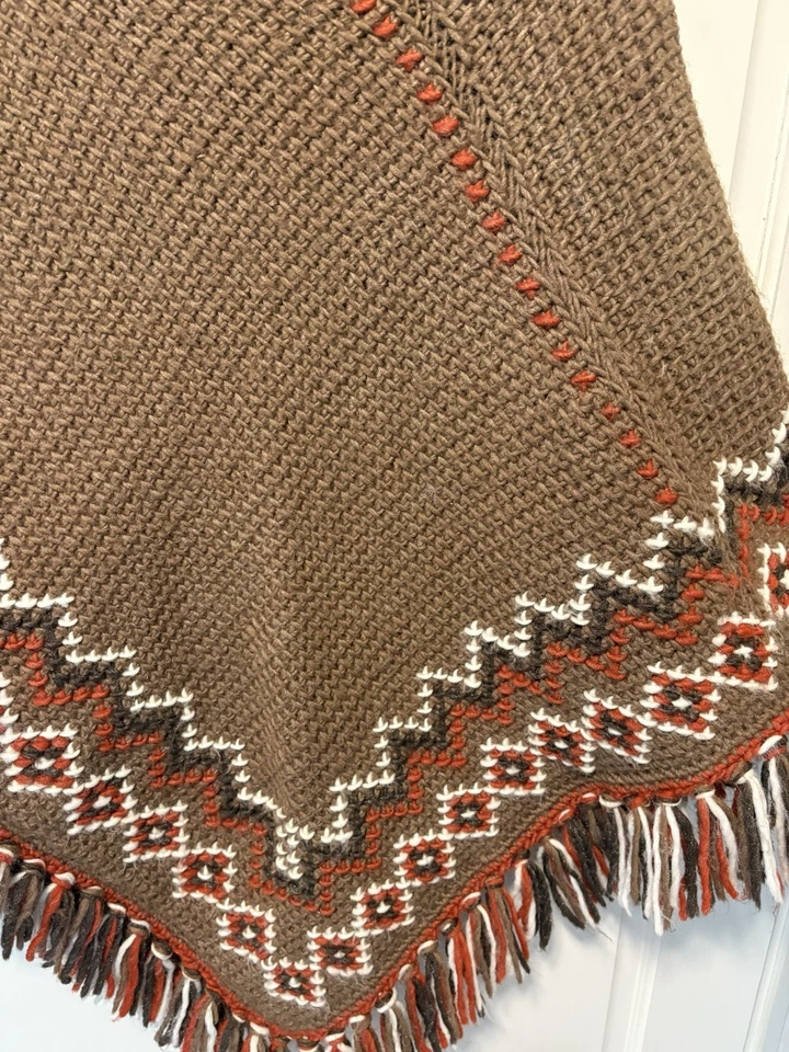 Hand knit Brown Fringe Poncho Sweater Bohemian Festival Women’s One Size - Image 4 of 4