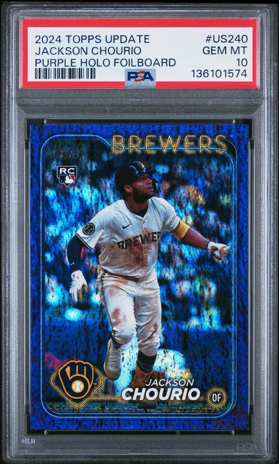 2024 Topps Update Jackson Chourio #US240 Purple Holo Foilboard /799 RC PSA 10