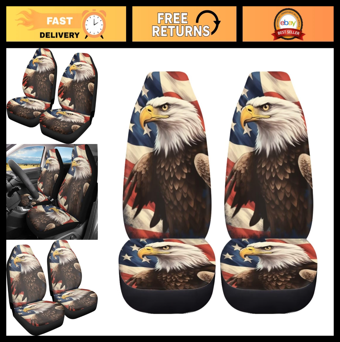 Vintage American Flag Eagle Car Seat Covers Set of 2 - Patriotic